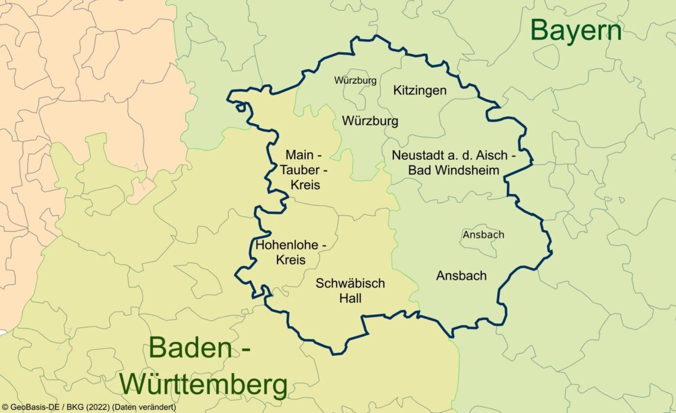 Ausschnitt einer Landkarte in dem die Landkreise der Zukunfstregion Franken-Hohenlohe eingekreist sind.