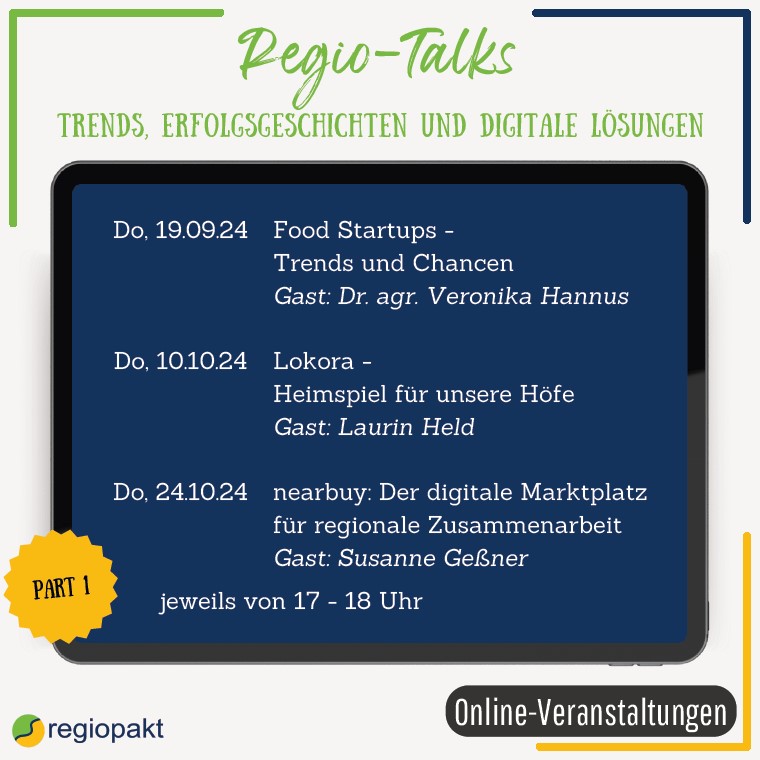 Eine Dartsellung die, die Überschrift trägt: Regio-Talks, Trends, Erfolgsgeschichten und digitale Lösungen. In der Mitte ist ein blaues Quadrat in dem Titel der Veranstaltungen stehen.